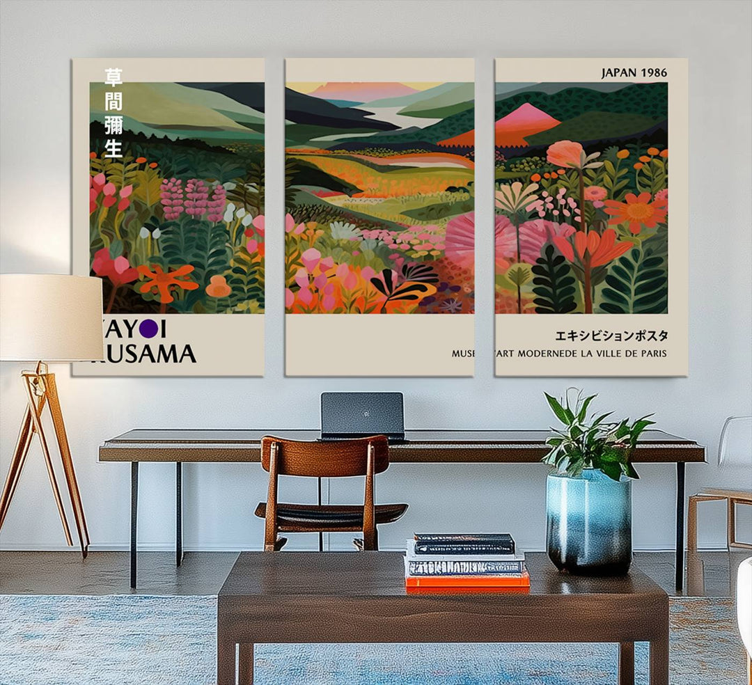 Yayoi Kusamas Landscape Canvas Print with vibrant floral mountain art adorns the wall.