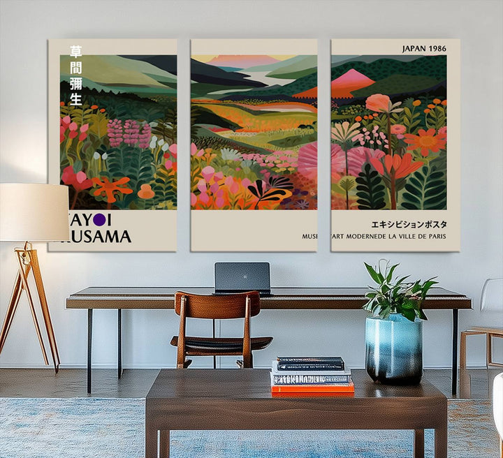 Yayoi Kusamas Landscape Canvas Print with vibrant floral mountain art adorns the wall.