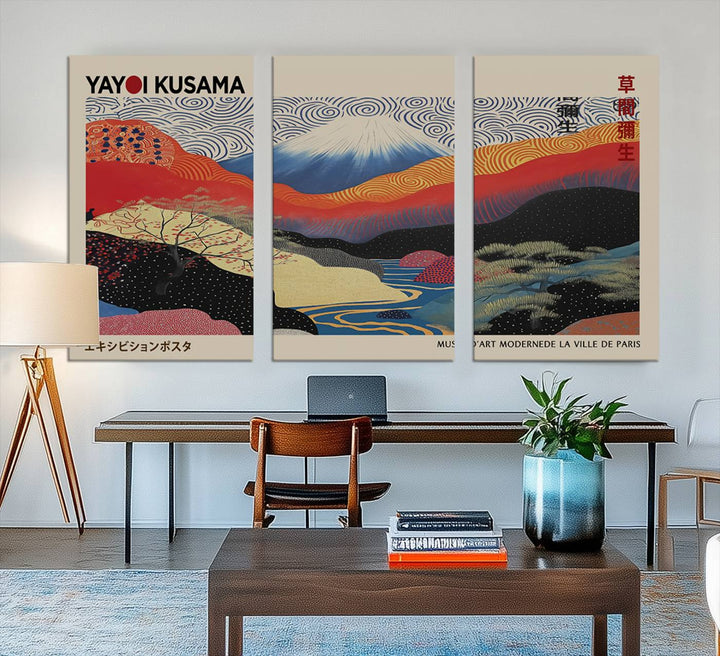 The framed Yayoi Kusama 1986 print showcases a vibrant abstract landscape with Wabi Sabi-inspired patterns.