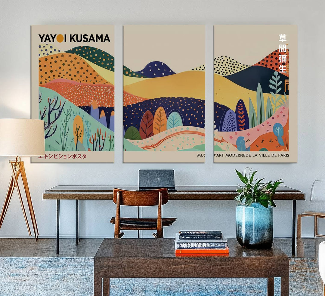 A vibrant Yayoi Kusama abstract print adorns the space.