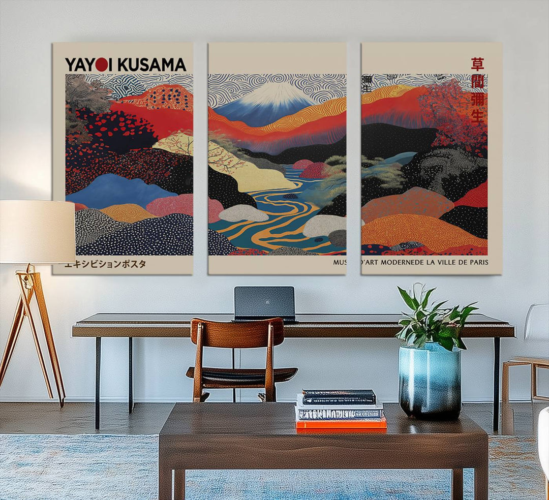 The room showcases Kusamas 1986 vibrant abstract landscape wall art print.