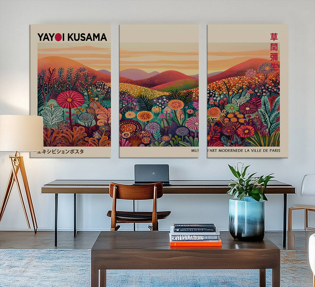 A framed Yayoi Kusama abstract landscape art print adorns the wall.