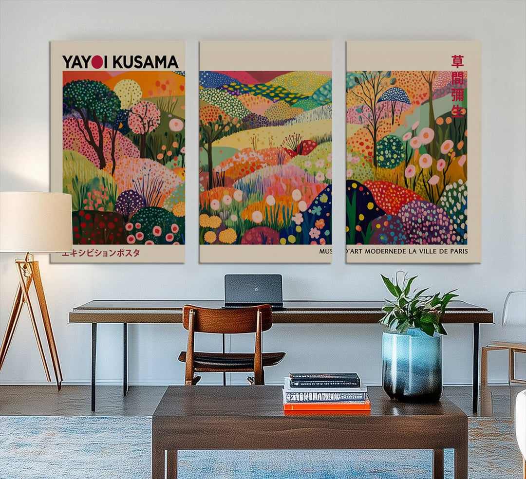 The Framed Yayoi Kusama 1986 Wall Art Print brings vibrant abstract landscapes to enhance the wooden wall.