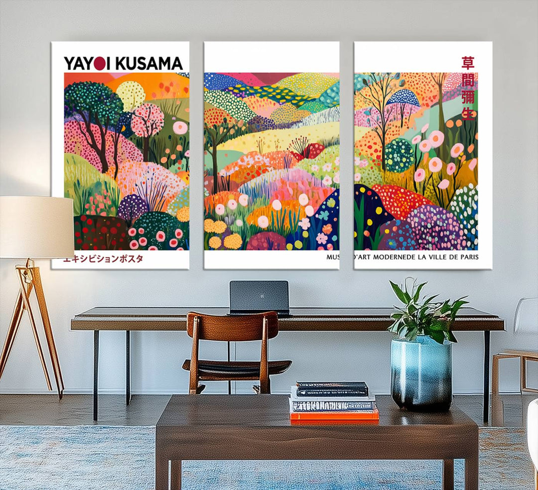 The Framed Yayoi Kusama 1986 Wall Art Print enhances the space.