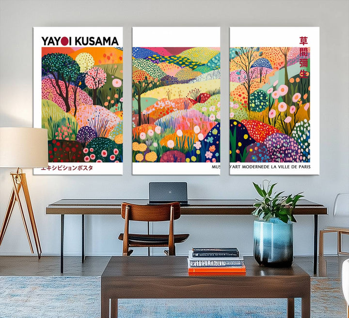 The Framed Yayoi Kusama 1986 Wall Art Print enhances the space.