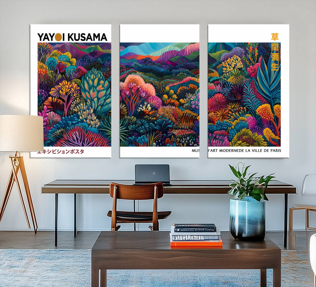 A framed Yayoi Kusama print hangs on the wall.