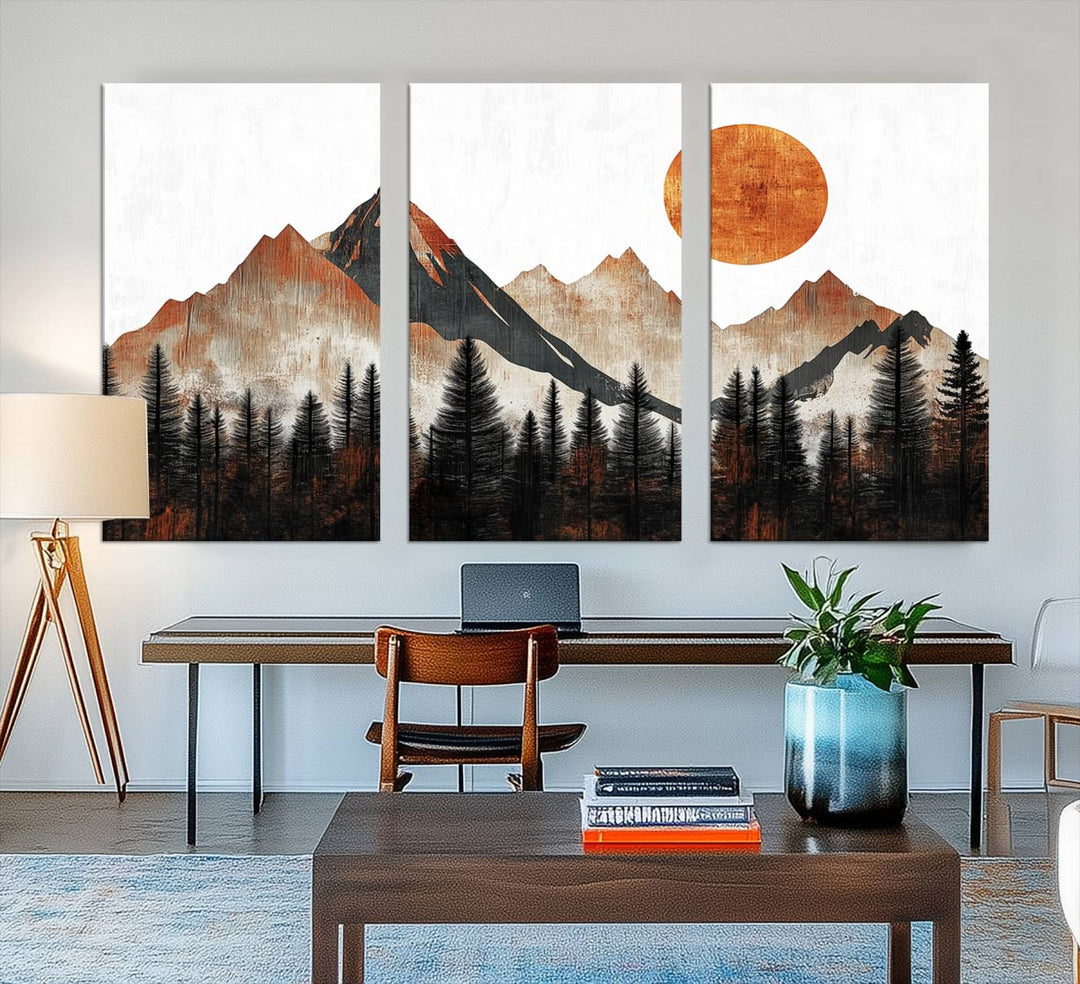 A Modern Abstract Mountain Canvas Wall Art Print features a rustic sun and mountains design.