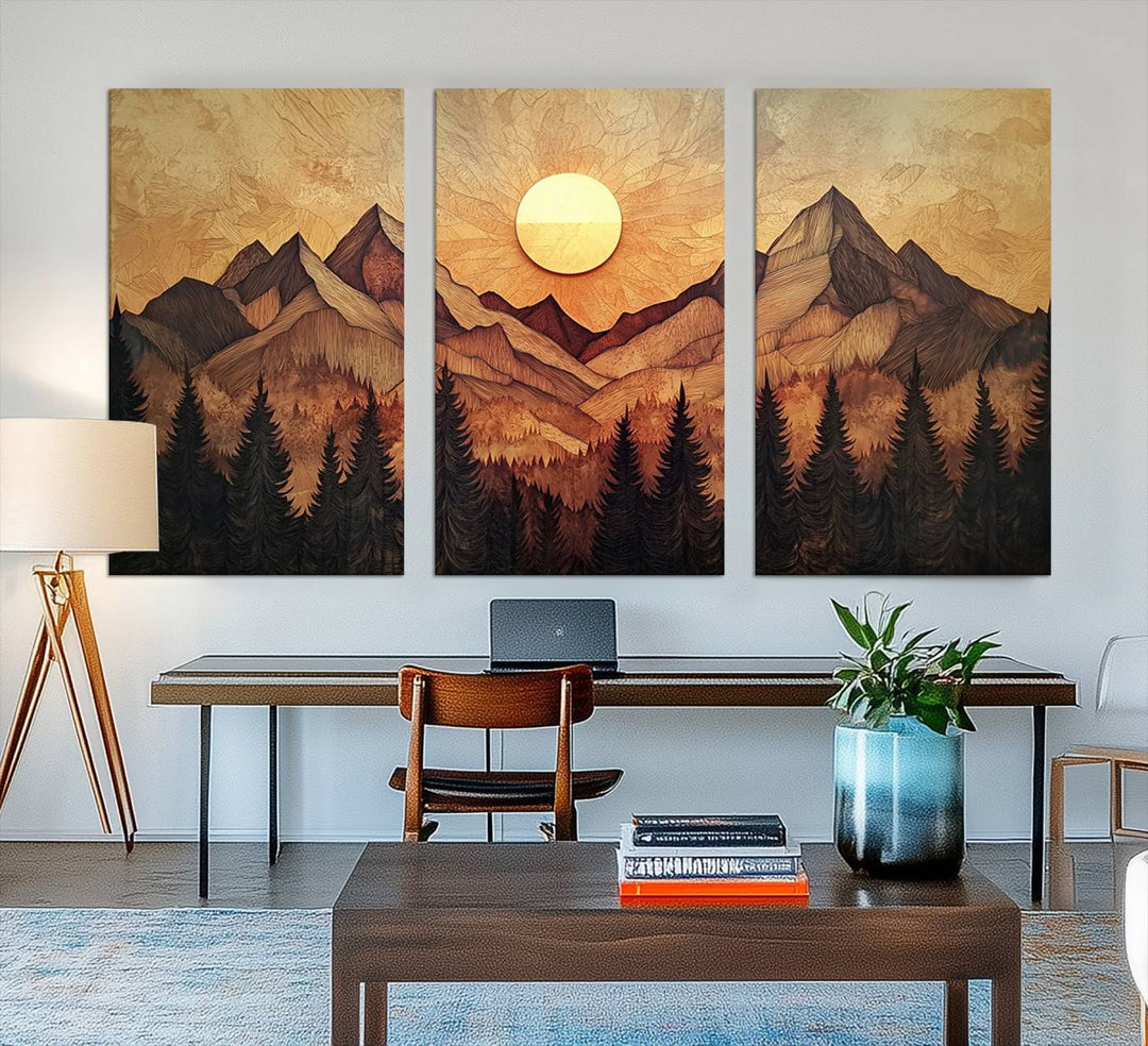 The dining area features a Wood Style Abstract Mountain Sunset canvas wall art print.