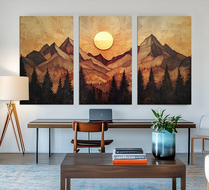 The dining area features a Wood Style Abstract Mountain Sunset canvas wall art print.