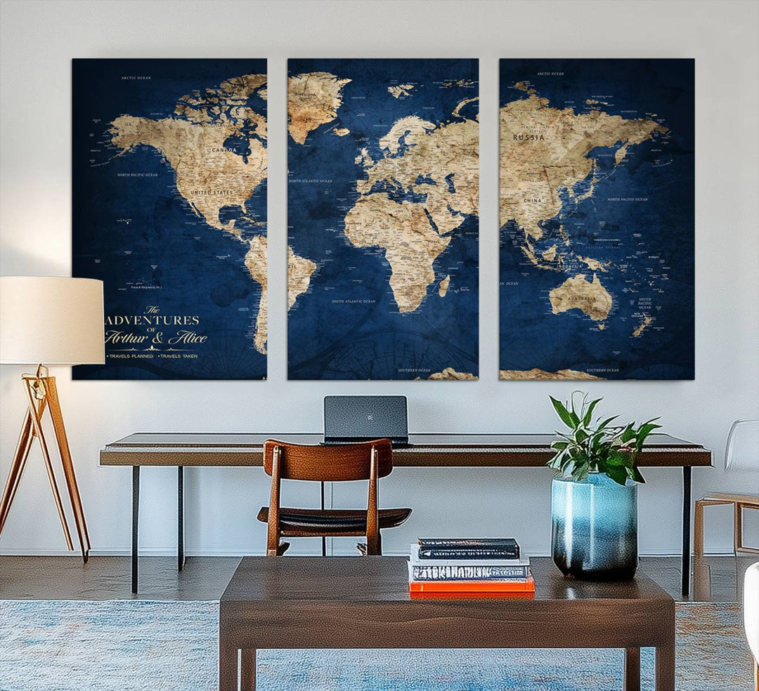 A Personalized Custom World Map Canvas Print on blue hangs prominently.