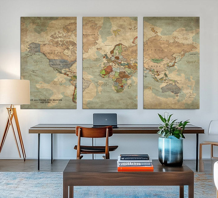 A Personalized World Map Canvas Print in vintage style enhances the setting with its artistic charm.