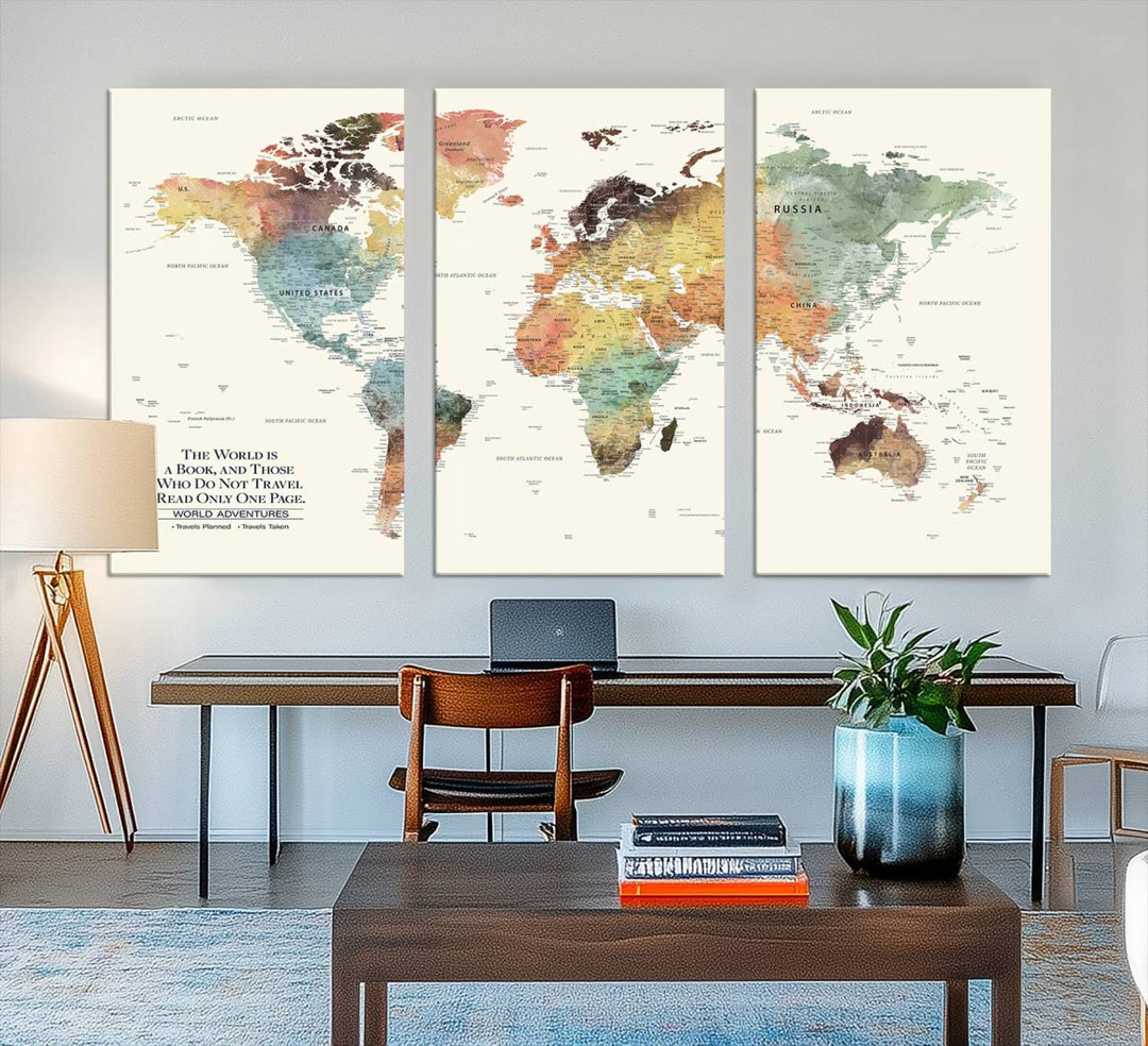 A colorful Personalized World Map Canvas Print, ideal as wall art for living room or office.