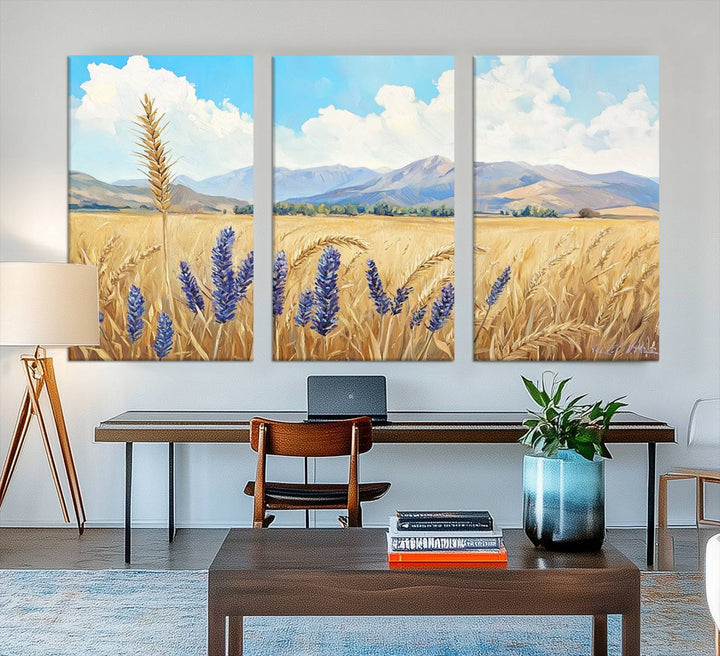 Abstract Wheat Field Wall Art, featuring a scenic landscape canvas print of golden wheat and lavender, adds charm to any farmhouse or rustic decor.