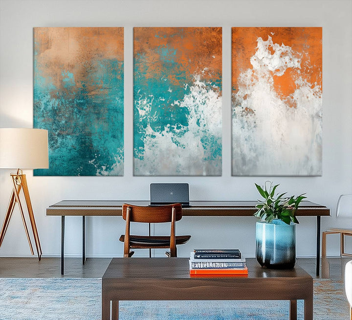 Vintage Abstract Print - Bold Teal and Orange Canvas Wall Art - Retro-Vintage Abstract Orange Canvas for Modern Decor
