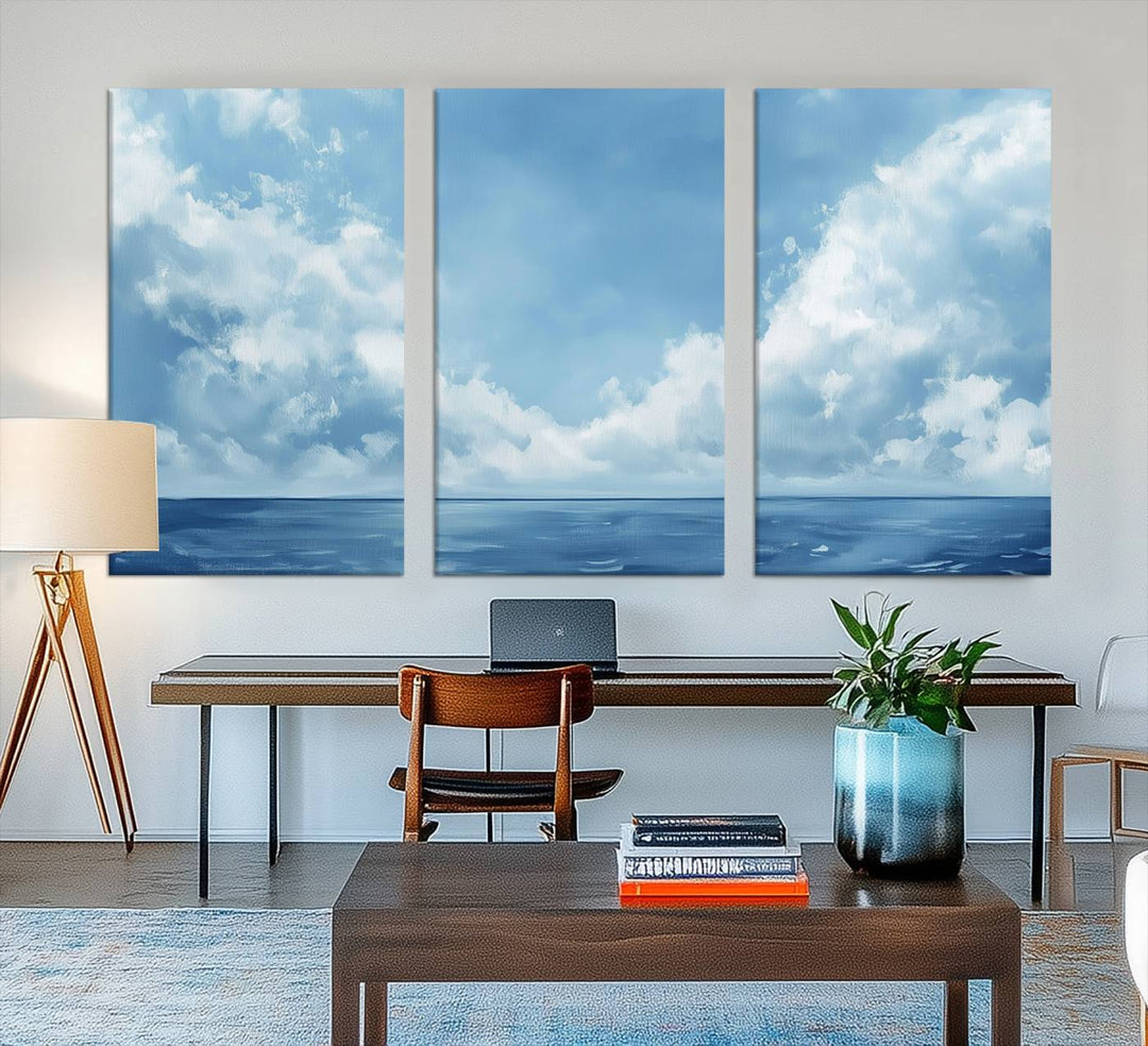 Abstract Ocean Print - Serene Blue Canvas displayed on a porch featuring minimalist decor.