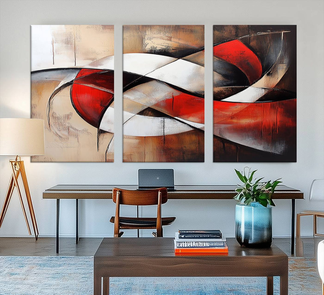 In a contemporary living room, the sunlight casts artistic shadows and highlights an abstract triptych wall art featuring bold red and white geometric shapes.