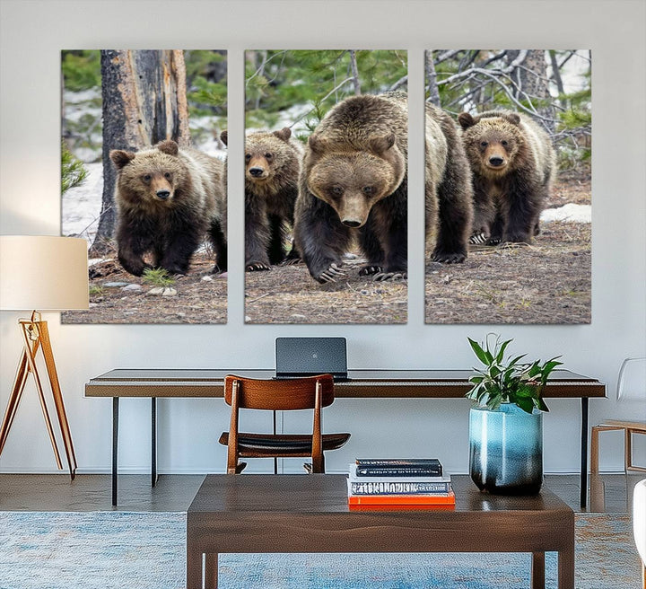 The Grizzly 399 and Cubs in Wild Flowers Wall Art Canvas Print, depicting grizzly bears amidst wildflowers, is elegantly displayed.