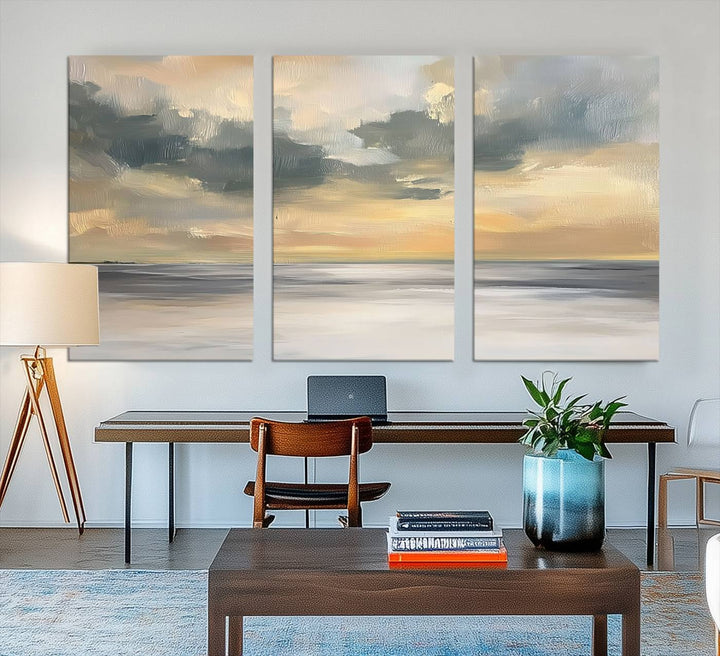 The Modern Coastal Wall Art Canvas Print features vibrant abstract ocean waves and clouds.