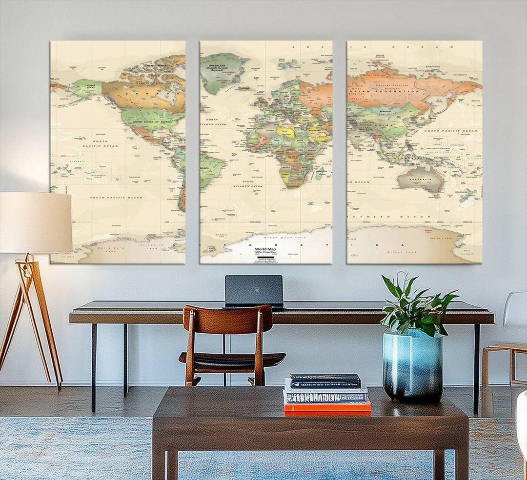 The Large Push Pin World Map Wall Art Canvas Print, with a gallery-quality finish, is carefully crafted on premium canvas and handmade in the USA. This piece adds a touch of elegance to any space.