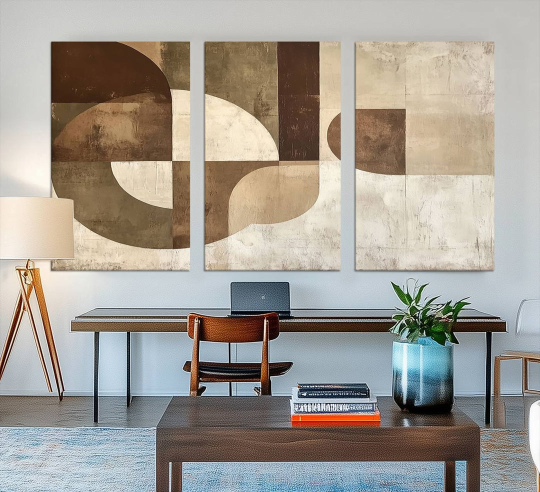 A Wabi Sabi Geometric Minimalist Wall Art Canvas Print—with a modern abstract geometric design in brown and beige tones—stands proudly in front of a house.