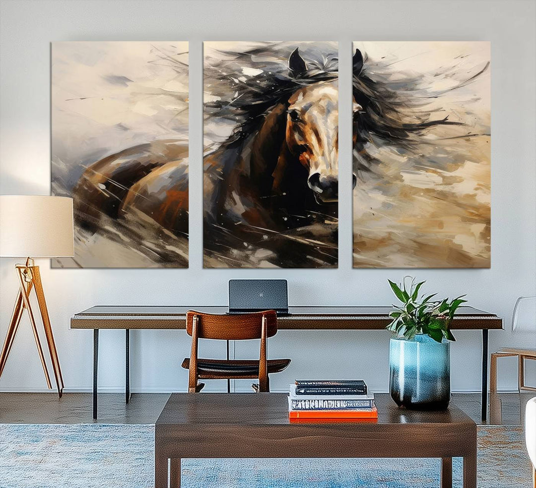 The Abstract Wall Art Horse Print adds rustic charm.