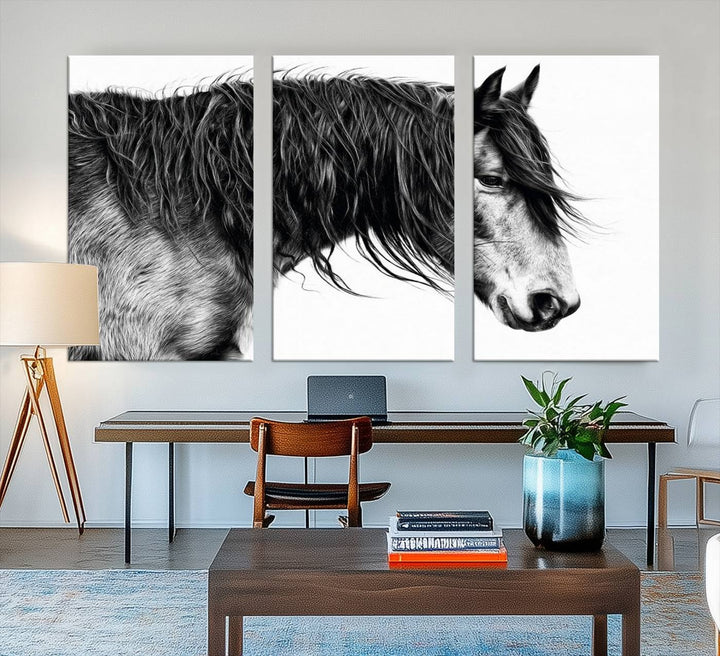 Black Horse Wall Art Canvas Print for farmhouse decor on the kitchen wall.