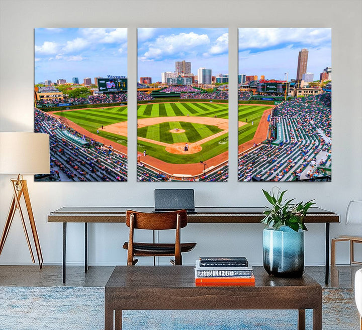 A 3-piece panoramic canvas wall art showcases an aerial view of a packed Chicago Cubs game at Wrigley Field, perfect for sports lovers.