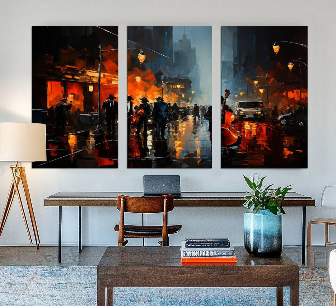 Framed Abstract Music Canvas: Jazz musicians on a rainy city street at night, with warm lights reflecting on wet pavement.