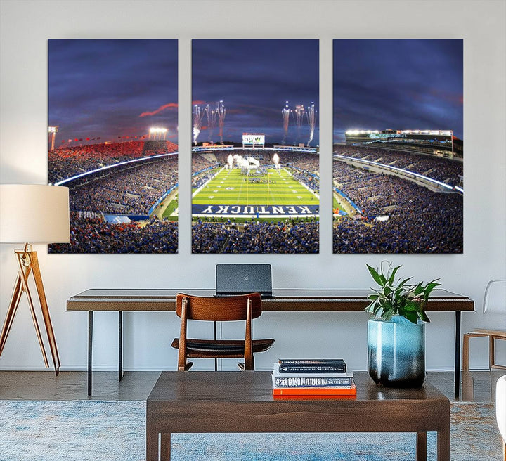 A filled stadium at dusk and fireworks overhead are beautifully captured in the Kroger Field Canvas Wall Art - Sunset Football Stadium Decor.