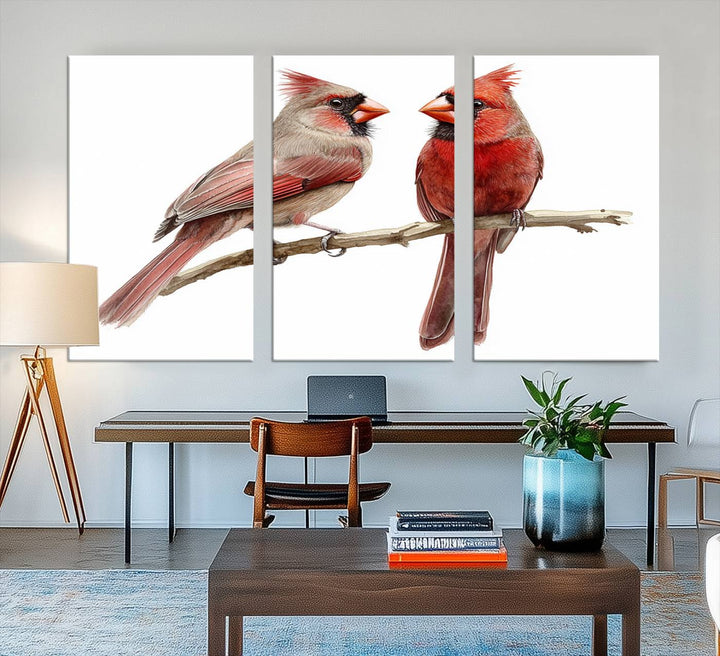 The Cardinal Bird Canvas Wall Art showcases two cardinals on a branch.