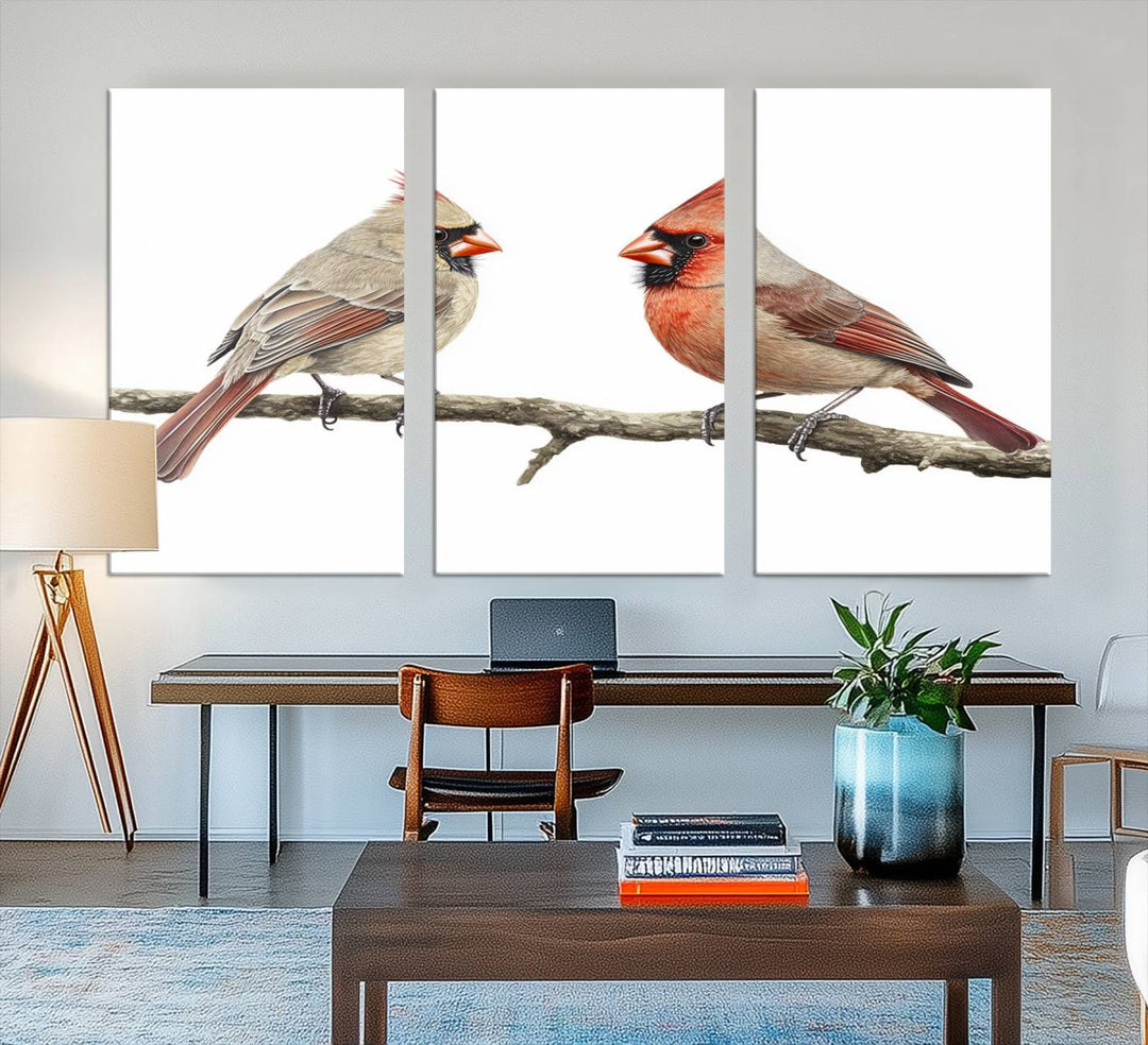 A Cardinal Canvas Wall Art print of cardinals on a branch hangs prominently.