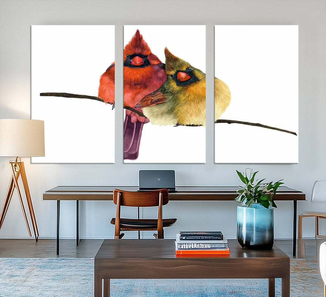 The Cardinal Bird Canvas Wall Art showcases vibrant male and female cardinals, capturing the beauty of nature in vivid detail.