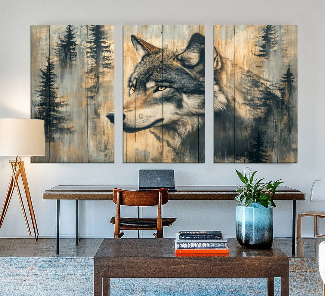 A Wood Style Rustic Wolf Wall Art Canvas Print adorns the kitchen.