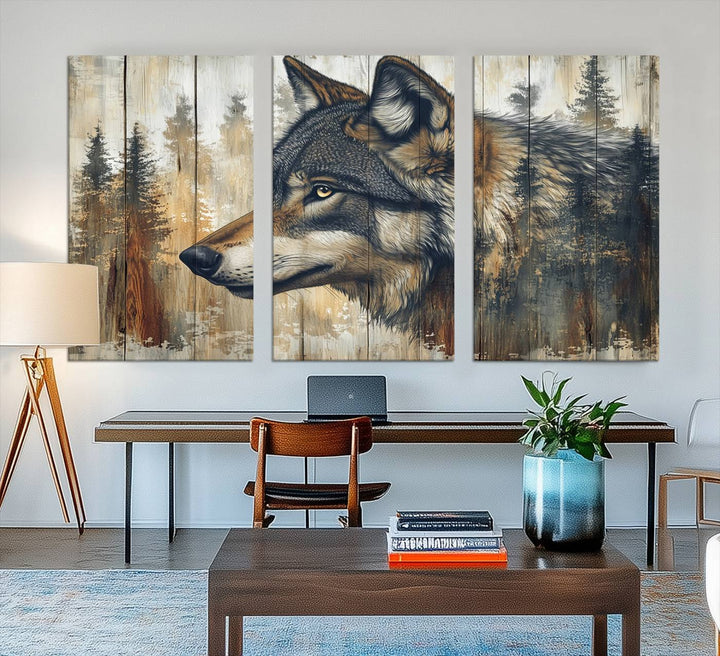 A Rustic Wolf Wall Art Canvas Print in earthy tones adorns the wall above the countertop.