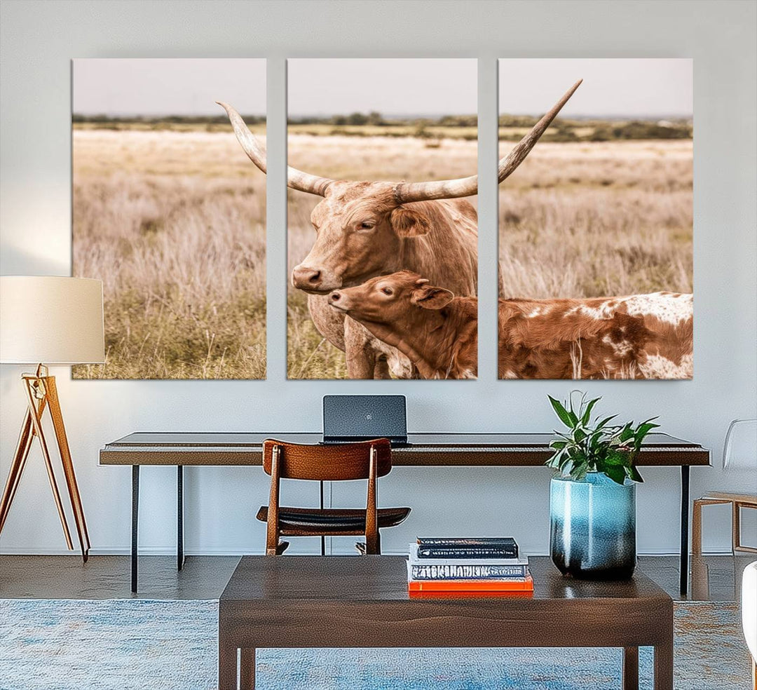 Dining area featuring a Texas Longhorn Cow Wall Art Canvas Print.