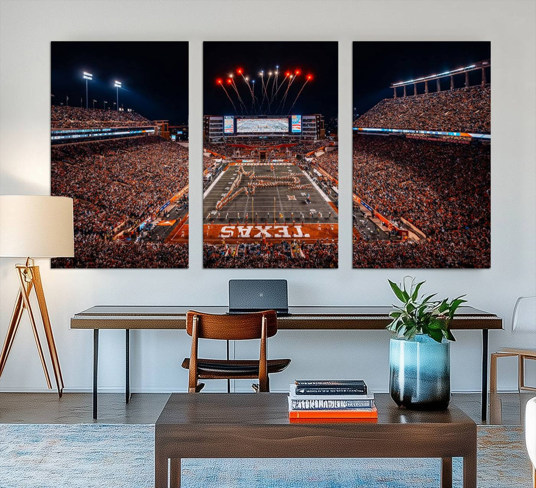 A Texas Memorial Stadium canvas print with fireworks embellishes the modern living room.