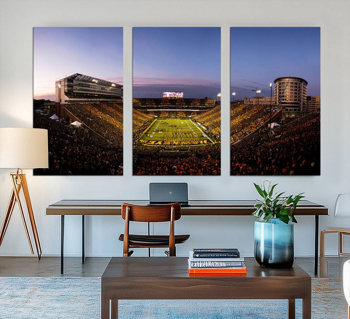 The Iowa Hawkeyes Kinnick Stadium Wall Art Canvas Print captures a sunset scene, making it perfect for display on a wall.