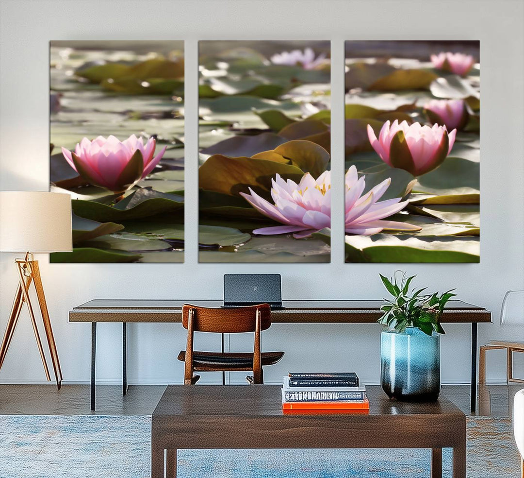 The dining room features the Water Lily Large Canvas Print.