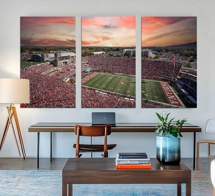 Gallery-quality Indiana Memorial Stadium Wall Art Canvas: A stunning view of the stadium at sunset.