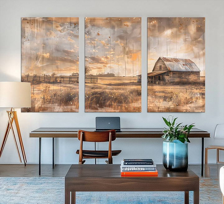 Rustic Farmhouse Wall Art Canvas depicting a barn under a cloudy sky.