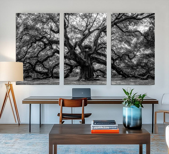 The Black and White Old Angel Oak Tree Canvas Print enhances the modern dining room.