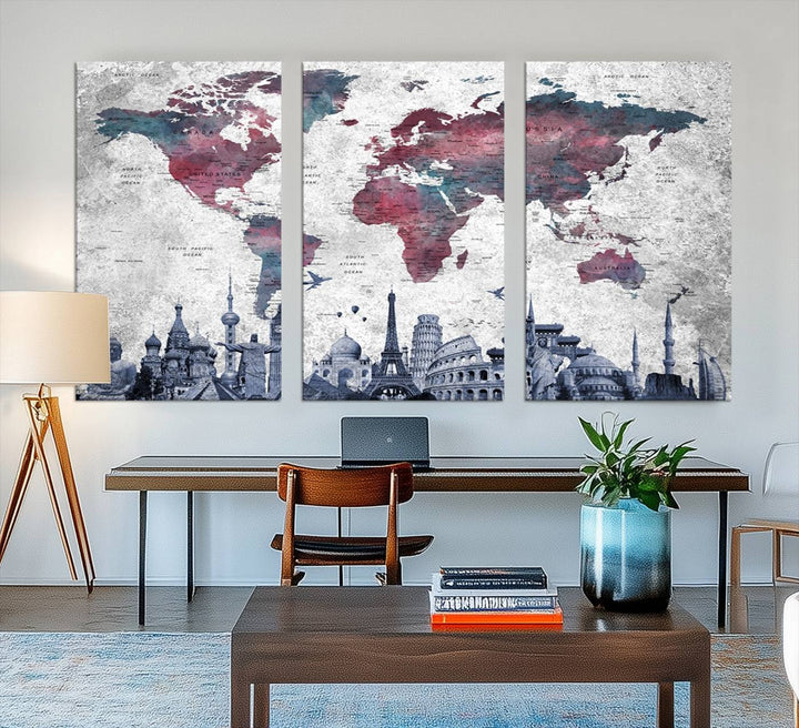 The dining room features a Blue Multipanel World Map Wall Art Canvas Print that adorns the wall, highlighting its neutral decor.