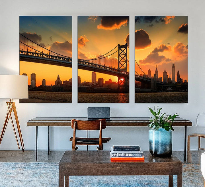 The Philadelphia Ben Franklin Bridge Wall Art Canvas Print radiates charm, embodying the beauty of premium canvas. This handmade-in-the-USA artwork captures attention with its distinct presence.