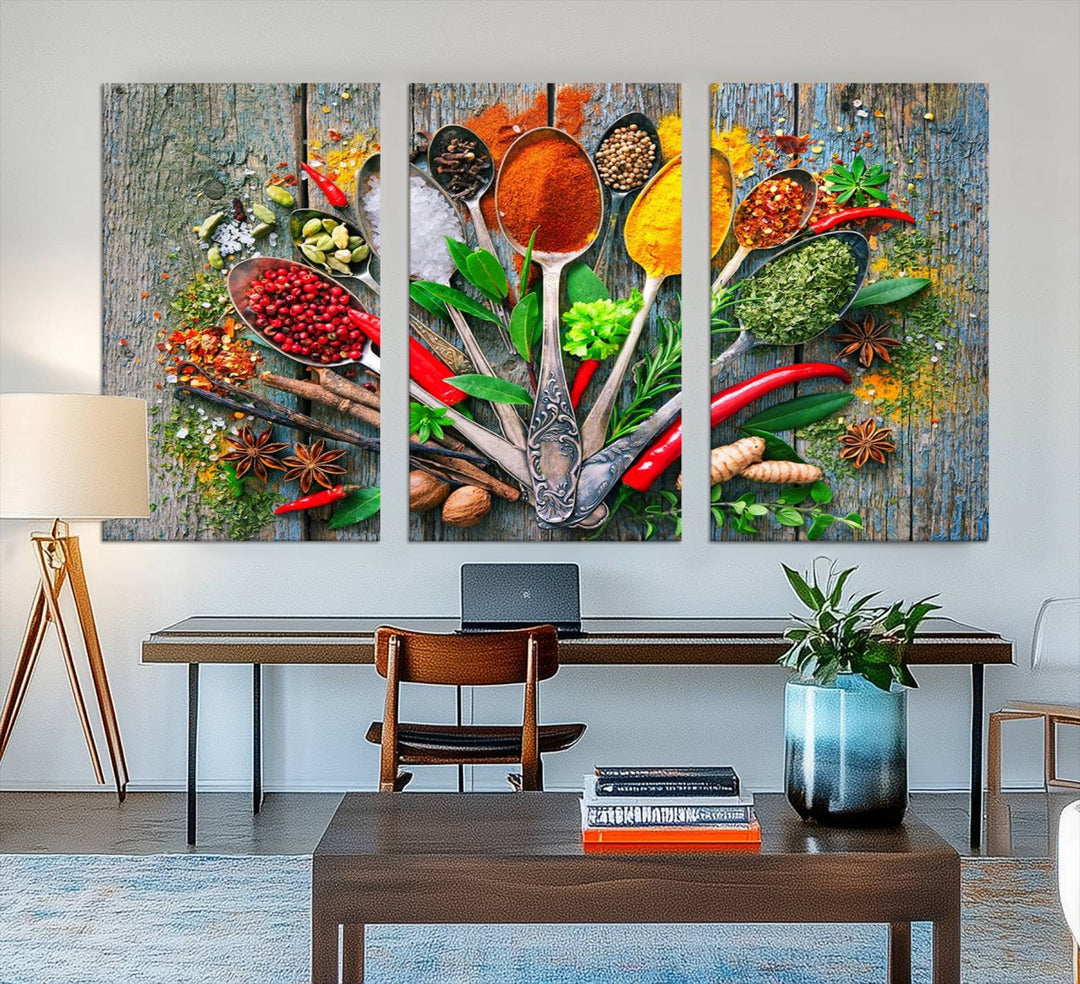 Vibrant Spoonful of Spices kitchen wall art canvas, a culinary triptych ideal for any dining room decor.