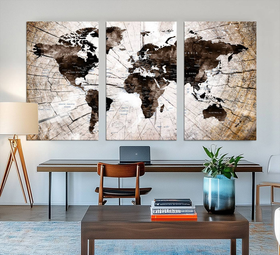 A Vintage World Map on Wood Style Canvas hangs prominently.