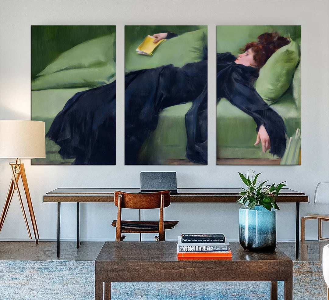 A modern kitchen features a Decadent Girl by Ramon Casas canvas print on the wall.