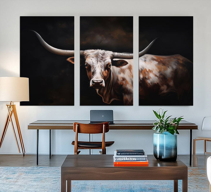 A modern kitchen featuring a Texas Longhorn Wall Art Canvas Print.