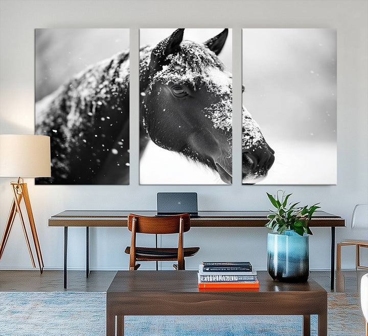 The Horse Canvas Print - Winter Horse Snow Wall Art captures winters essence beautifully.