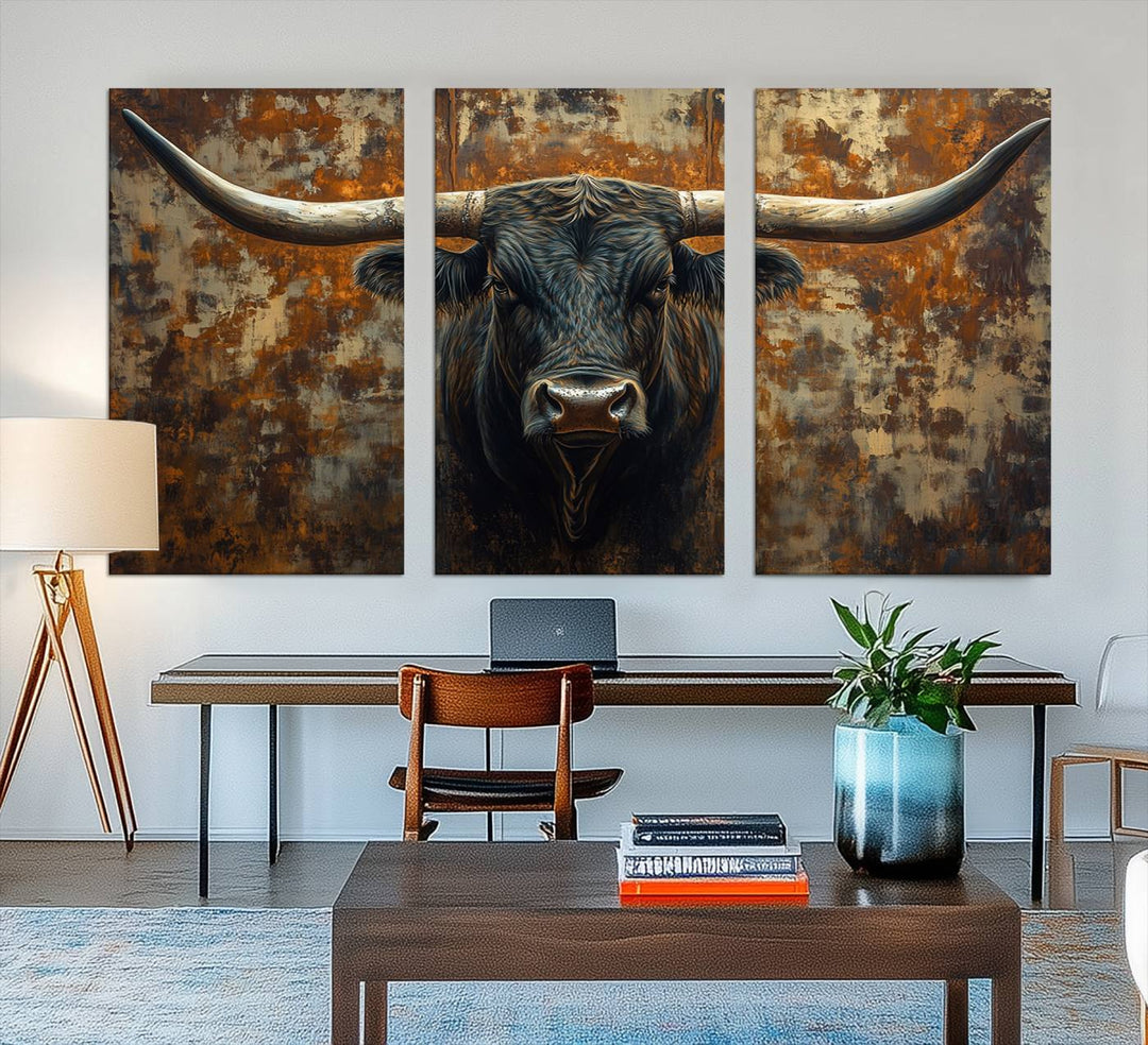 The Longhorn Texas Cow Bull Wall Art canvas print showcases rustic farmhouse decor.