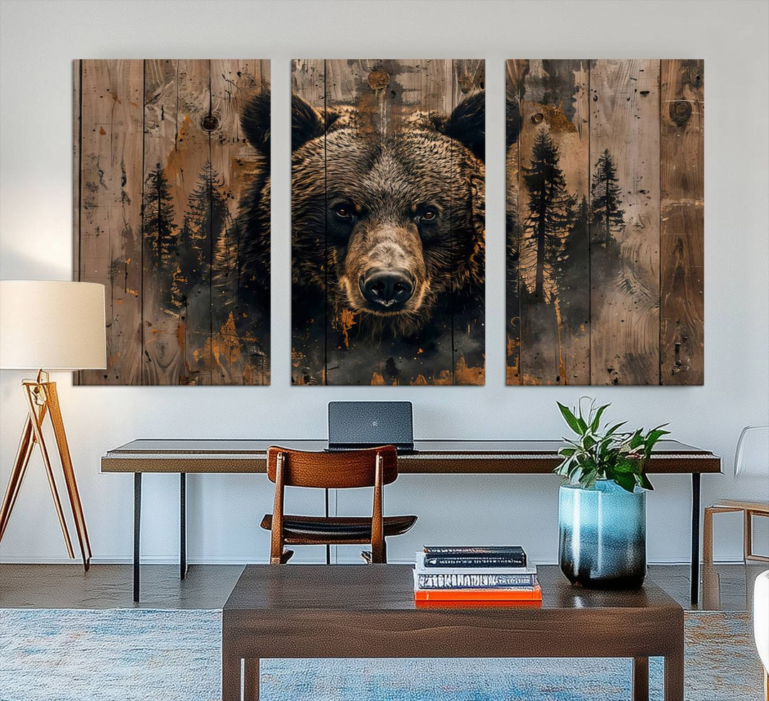 The bedroom showcases the Rustic Grizzly 399 Wall Art, a triptych canvas print that brings woodland charm to the space with its striking depiction of a bear. Elegantly displayed on a wooden wall, it enhances the rustic cabin feel.